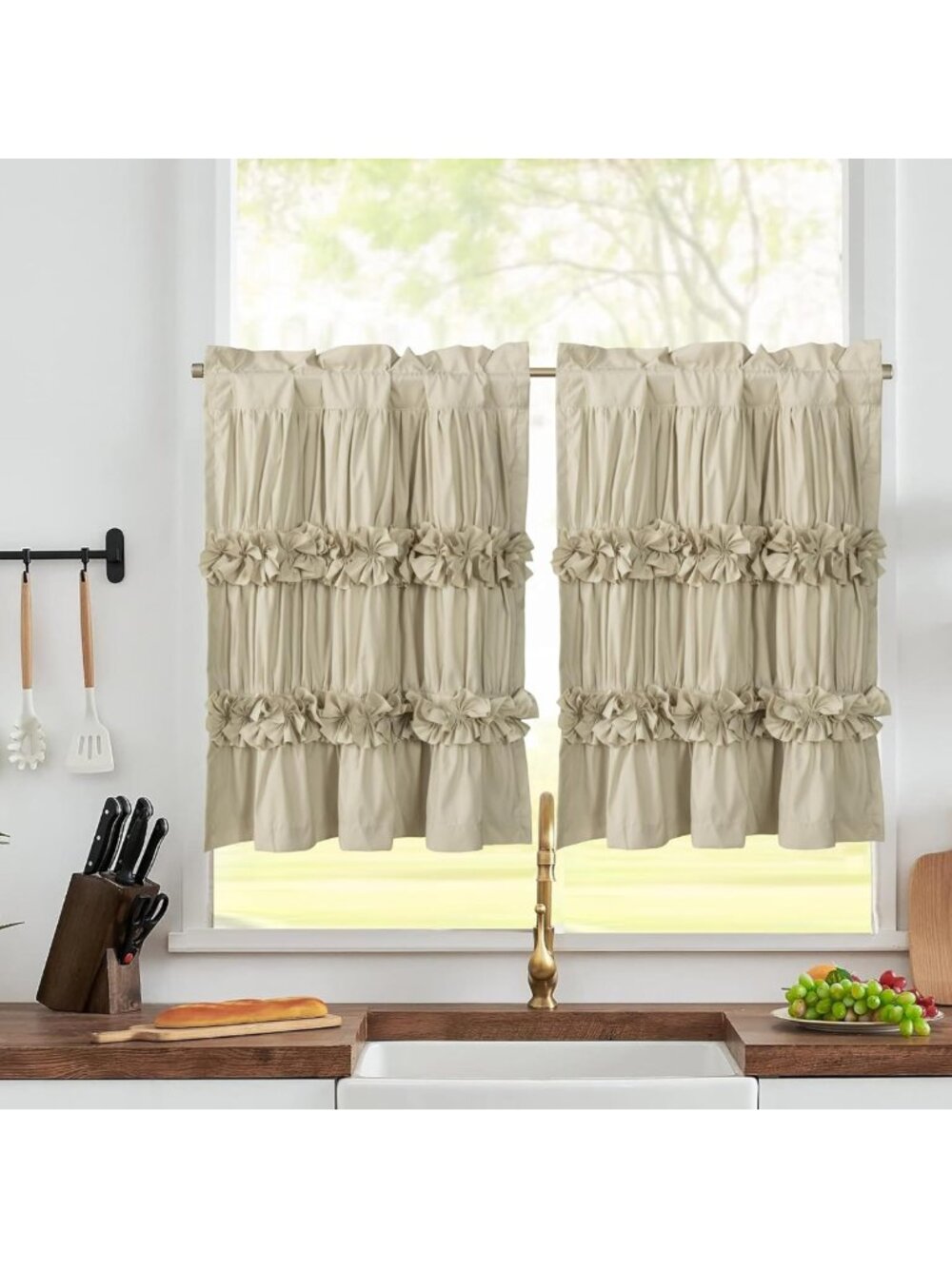 Handcrafted Camel Window Treatment Tiers Curtains - 2 Pack, 30"x36" - Elegant